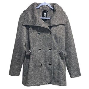 details Herringbone Double-Breasted Belted‎ Coat Gray Hooded Jacket Size L